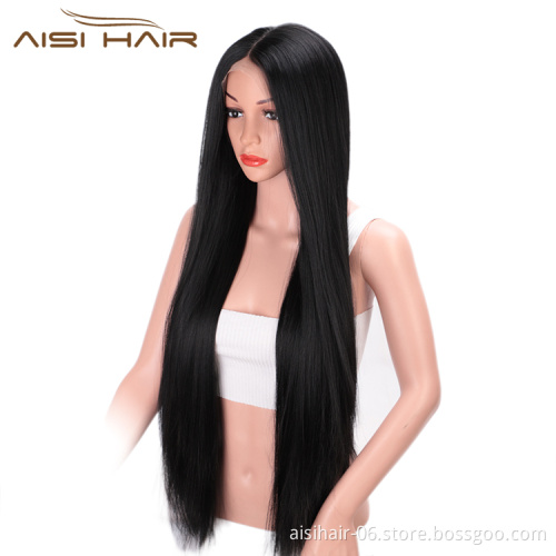 Aisi Hair New Design Silky Straight Lace Front Long Wigs Heat Resistant Synthetic Fiber Black Long Straight Wig for Women
